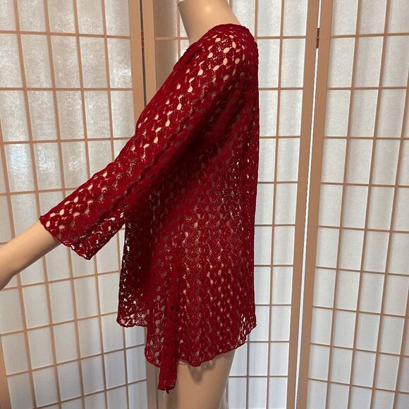 CHICO'S Women's‎ open knit crocheted 3/4 sleeve asymmetrical hem top, Size 1 (M, - Picture 3 of 6